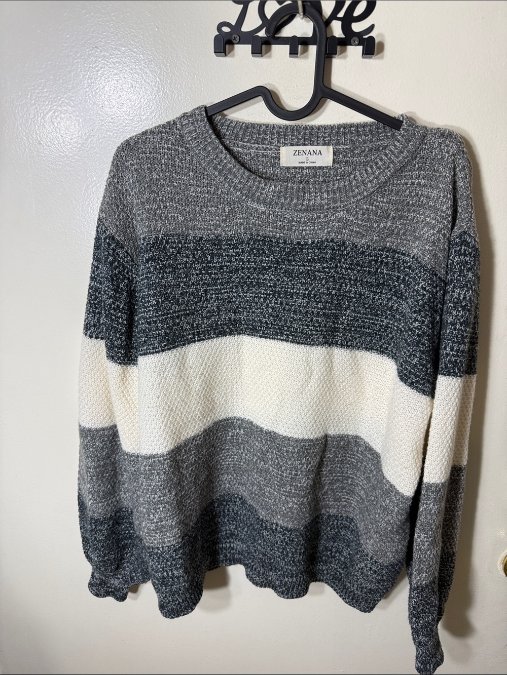 Zenana Outfitters Men’s Gray, Dark Gray and White Striped Crewneck Sweater